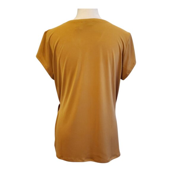 TAHARI SZ XL Faux Wrap Womens Top Camel Brown Short Sleeve V-neck Stretch Blouse - Picture 4 of 6